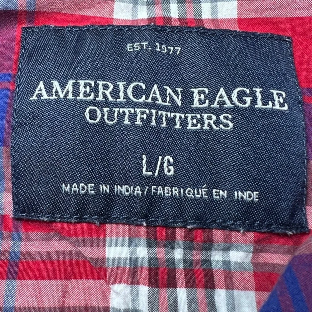 American Eagle Mens Size Short Sleeve Large Shirt Red Blue Plaid Vintage Fit‎